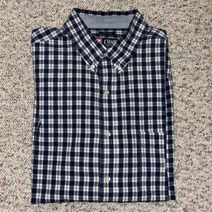 Chaps Easy Care Navy Blue Plaid Long Sleeve Shirt. 32” length, 26” sleeve.